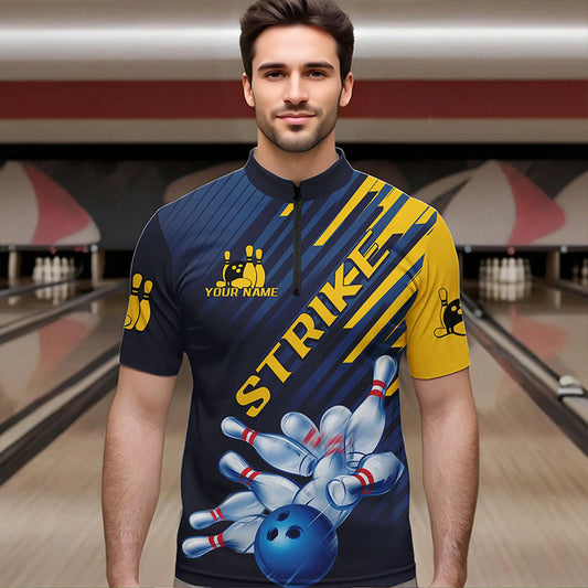 Custom Blue And Yellow Bowling Jerseys, Bowling Team Quarter-Zip Shirts For Men Bowling Tournament IPHW8530