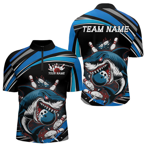 Black And Blue Custom Shark Bowling Team Quarter-Zip Shirts For Men, Shark Bowling League Shirt IPHW8727