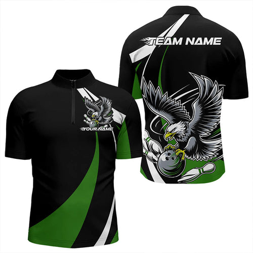 Custom Black And Green Eagle Bowling Men Quarter-Zip Shirts, Eagle Bowling Team Jerseys IPHW8735
