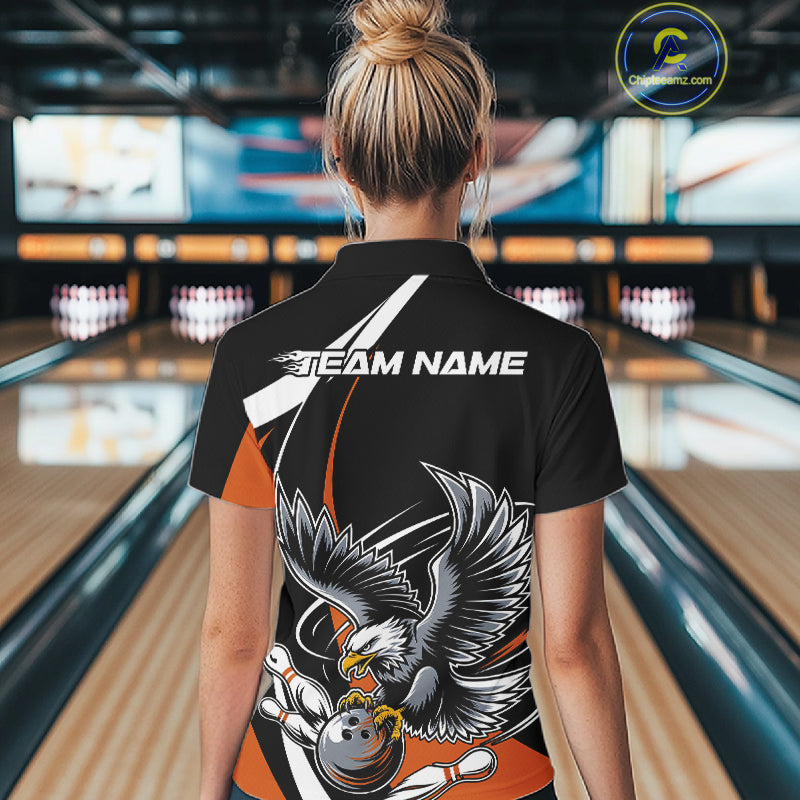 Custom Black And Orange Eagle Bowling Jerseys, Eagle Bowling League Shirt Team Uniform IPHW10814