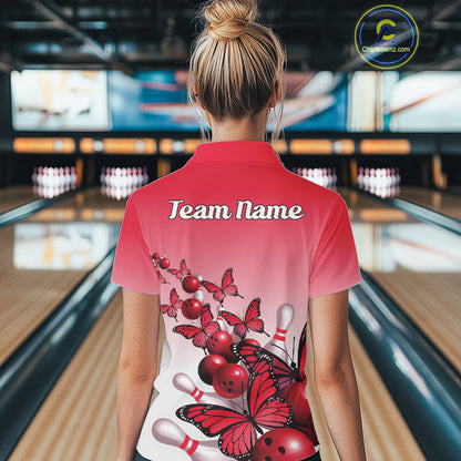 Custom Red Gradient Butterfly Bowling Women Polo Shirts For Team, Bowling League Shirt IPHW10824