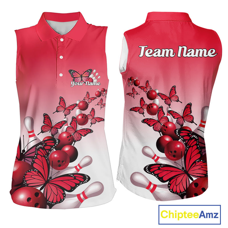 Custom Red Gradient Butterfly Bowling Women Sleeveless Polo Shirts, Bowling League Shirt IPHW10824