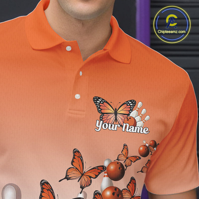 Custom Orange Gradient Butterfly Bowling Men Polo Shirts For Team, Bowling League Shirt IPHW10825