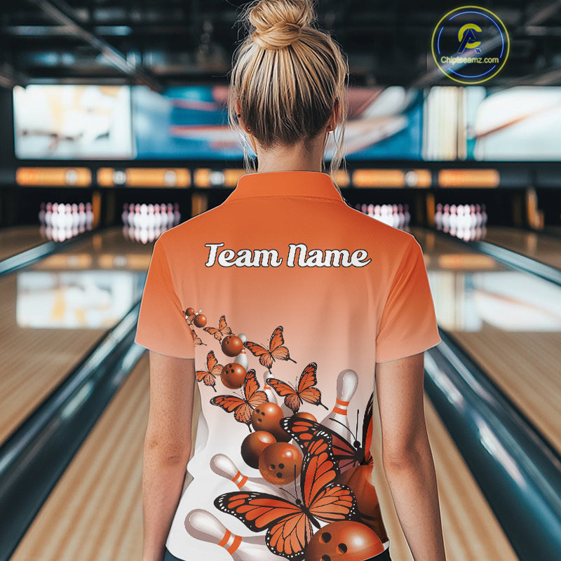 Custom Orange Gradient Butterfly Bowling Women Polo Shirts For Team, Bowling League Shirt IPHW10825