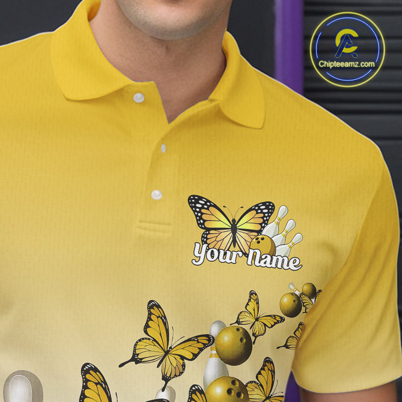 Custom Yellow Gradient Butterfly Bowling Men Polo Shirts For Team, Bowling League Shirt IPHW10826