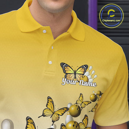 Custom Yellow Gradient Butterfly Bowling Men Polo Shirts For Team, Bowling League Shirt IPHW10826