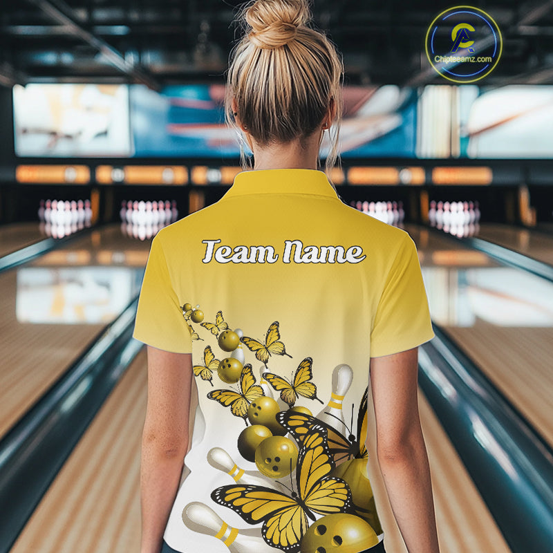Custom Yellow Gradient Butterfly Bowling Women Polo Shirts For Team, Bowling League Shirt IPHW10826