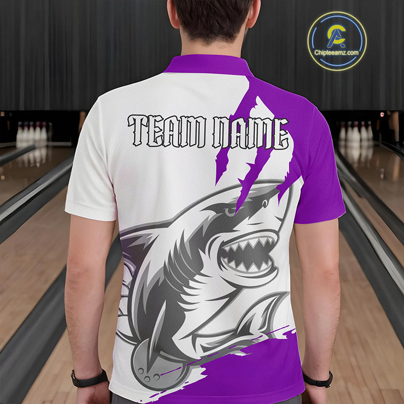 Custom White And Purple Shark Jerseys, Shark Bowling Team Men Polo Shirts Bowlers Outfit IPHW8988