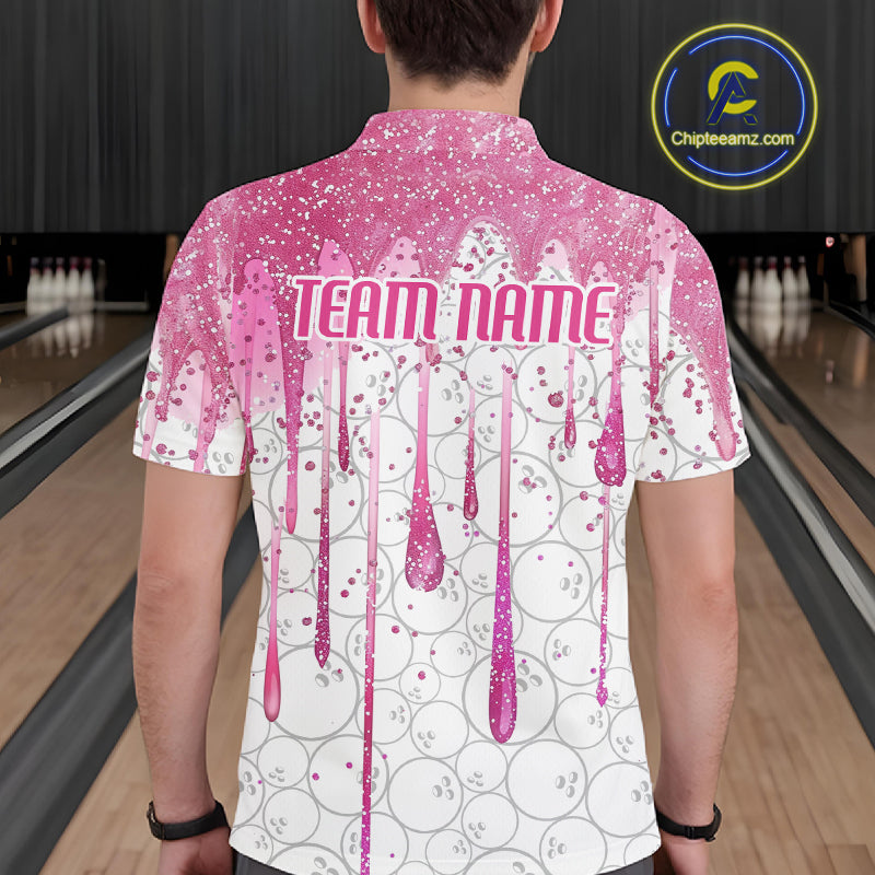 3D Pink Glitter Pink Ribbon Pattern Custom Breast Cancer Bowling Polo Shirts For Men And Women IPHW7051
