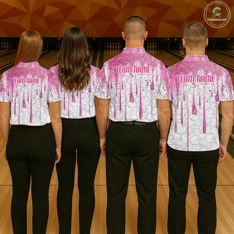 3D Pink Glitter Pink Ribbon Pattern Custom Breast Cancer Bowling Polo Shirts For Men And Women IPHW7051