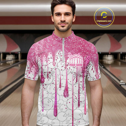 3D Pink Glitter Pink Ribbon Pattern Custom Breast Cancer Bowling Polo Shirts For Men And Women IPHW7051