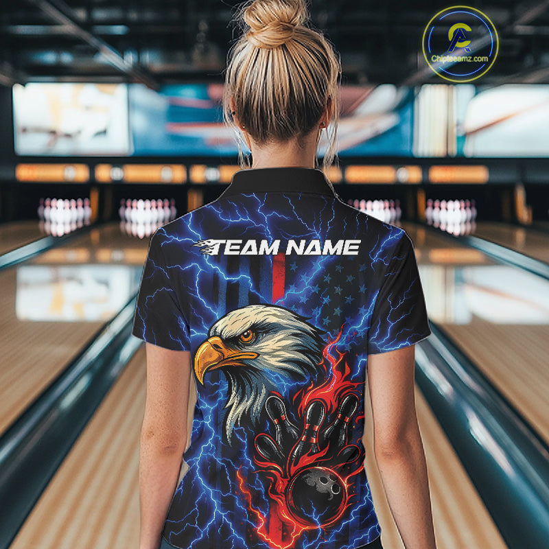 Custom Red And Blue Lightning Flame Eagle Women Bowling Shirt, Patriotic US Team Shirt IPHW10171