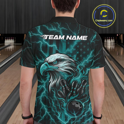 Custom Turquoise Blue Lightning Flame Eagle Men Bowling Shirt, Patriotic US Team Shirt IPHW10172