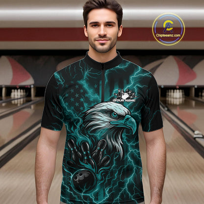 Custom Turquoise Blue Lightning Flame Eagle Men Bowling Shirt, Patriotic US Team Shirt IPHW10172