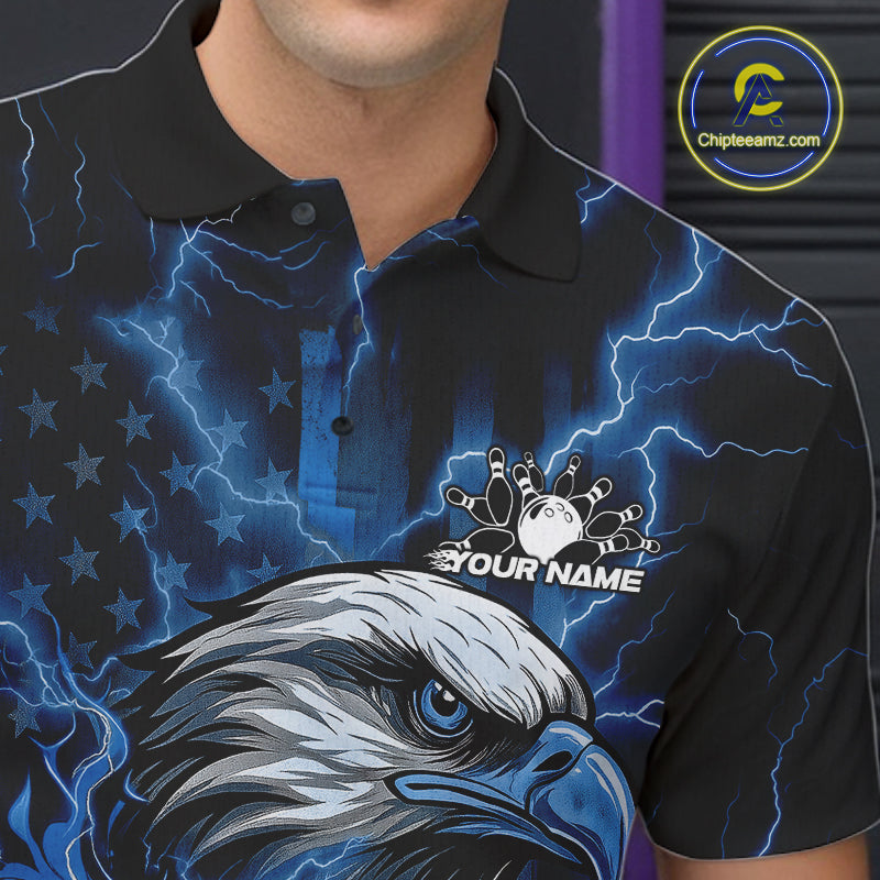 Custom Mid Blue Lightning Flame Eagle Men Bowling Shirt, Patriotic US Team Shirt IPHW10173