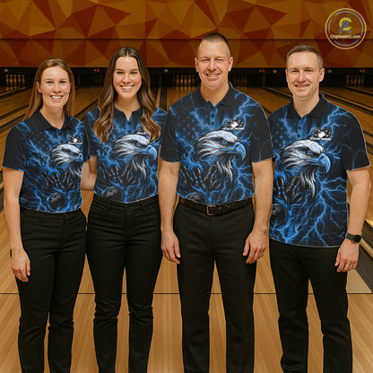 Custom Mid Blue Lightning Flame Eagle Men Bowling Shirt, Patriotic US Team Shirt IPHW10173