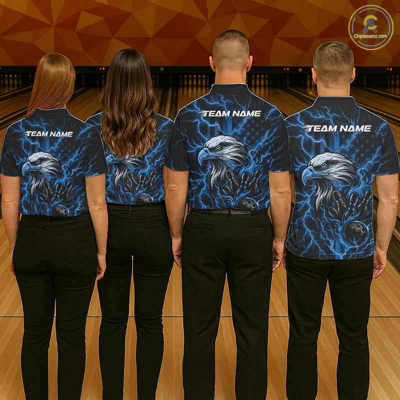 Custom Mid Blue Lightning Flame Eagle Men Bowling Shirt, Patriotic US Team Shirt IPHW10173