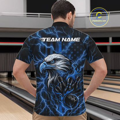 Custom Mid Blue Lightning Flame Eagle Men Bowling Shirt, Patriotic US Team Shirt IPHW10173
