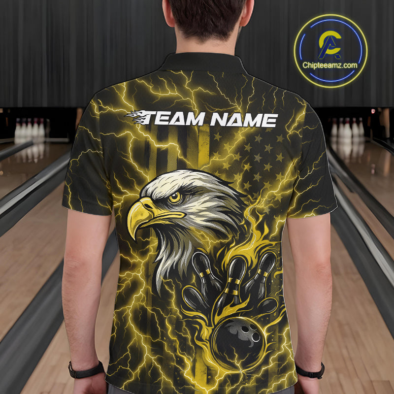 Custom Yellow Lightning Flame Eagle Men Bowling Shirt, Patriotic US Team Shirt IPHW10174