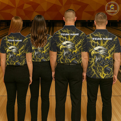 Custom Yellow Lightning Flame Eagle Men Bowling Shirt, Patriotic US Team Shirt IPHW10174
