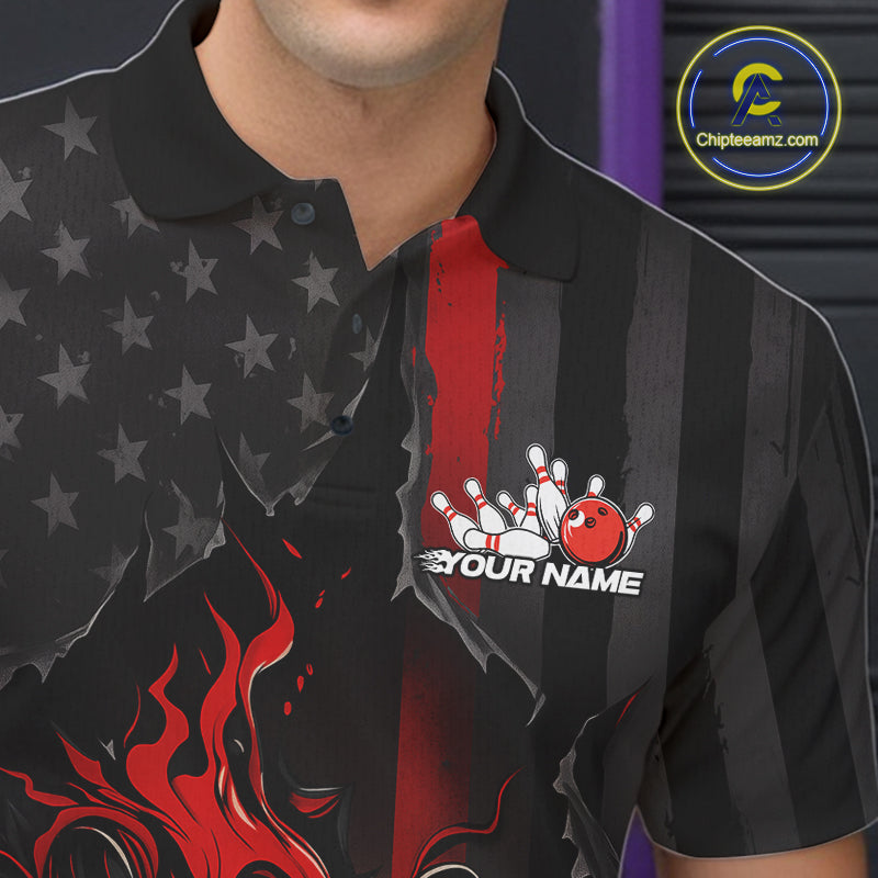 Custom Red Thin Line American Flag Patriotic Flame Bowling Team Men Polo Shirts IPHW10179