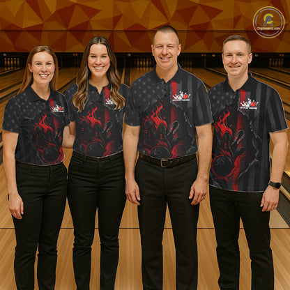 Custom Red Thin Line American Flag Patriotic Flame Bowling Team Men Polo Shirts IPHW10179