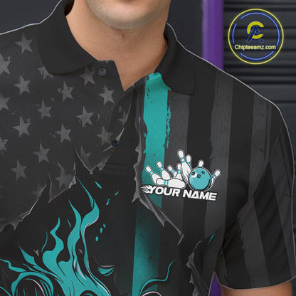 Custom Turquoise Blue Thin Line American Flag Patriotic Flame Bowling Team Men Polo Shirts IPHW10181