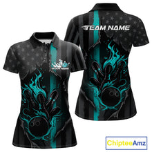 Load image into Gallery viewer, Custom Turquoise Blue Thin Line American Flag Patriotic Flame Bowling Women Polo Shirts IPHW10181