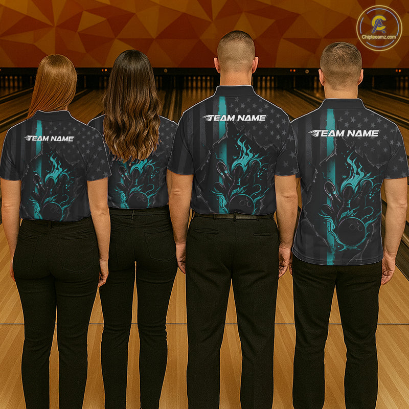 Custom Turquoise Blue Thin Line American Flag Patriotic Flame Bowling Team Men Polo Shirts IPHW10181