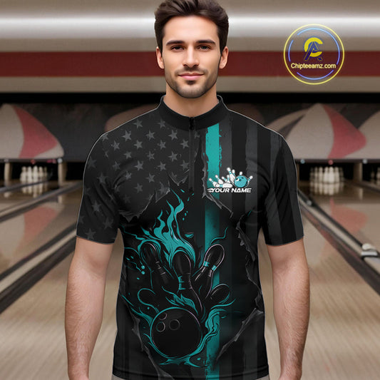 Custom Turquoise Blue Thin Line American Flag Patriotic Flame Bowling Team Men Quarter-Zip Shirt IPHW10181