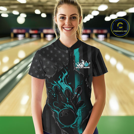 Custom Turquoise Blue Thin Line American Flag Patriotic Flame Women Bowling Team Shirts IPHW10181