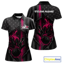 Load image into Gallery viewer, Custom Pink Thin Line American Flag Patriotic Flame Bowling Team Women Polo Shirts IPHW10182