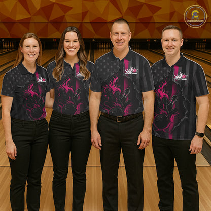 Custom Pink Thin Line American Flag Patriotic Flame Bowling Team Men Polo Shirts IPHW10182