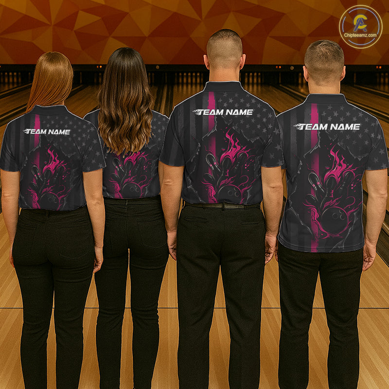 Custom Pink Thin Line American Flag Patriotic Flame Bowling Team Men Polo Shirts IPHW10182