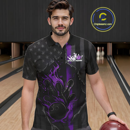 Custom Purple Thin Line American Flag Patriotic Flame Bowling Team Men Polo Shirts IPHW10183