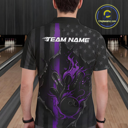 Custom Purple Thin Line American Flag Patriotic Flame Bowling Team Men Polo Shirts IPHW10183