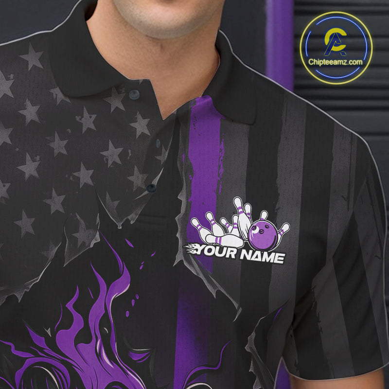 Custom Purple Thin Line American Flag Patriotic Flame Bowling Team Men Polo Shirts IPHW10183