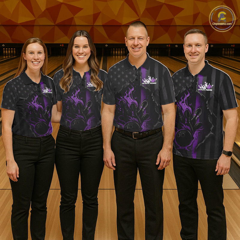 Custom Purple Thin Line American Flag Patriotic Flame Bowling Team Men Polo Shirts IPHW10183