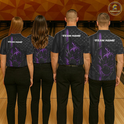Custom Purple Thin Line American Flag Patriotic Flame Bowling Team Men Polo Shirts IPHW10183