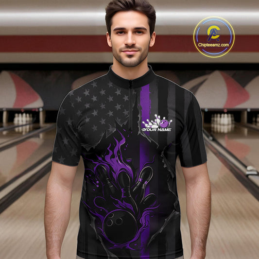 Custom Purple Thin Line American Flag Patriotic Flame Bowling Team Men Quarter-Zip Shirts IPHW10183