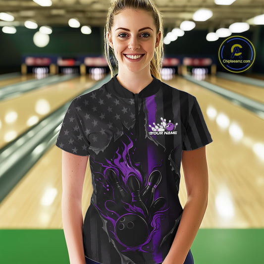 Custom Purple Thin Line American Flag Patriotic Flame Women Bowling Team Shirts IPHW10183