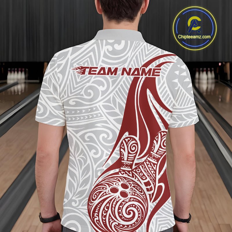 Custom Red Polynesian Tribal Bowling Men Polo Shirt, Maori Style Bowling Shirt IPHW10337