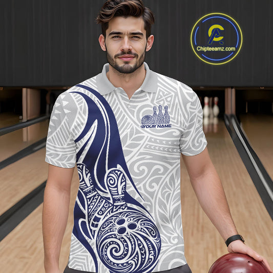 Custom Blue Polynesian Tribal Bowling Men Polo Shirt, Maori Style Bowling Shirt IPHW10338