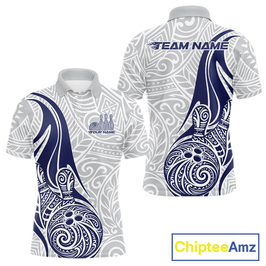 Custom Blue Polynesian Tribal Bowling Men Polo Shirt, Maori Style Bowling Shirt IPHW10338