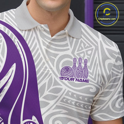 Custom Purple Polynesian Tribal Bowling Men Polo Shirt, Maori Style Bowling Shirt IPHW10339