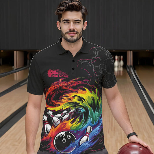 Custom Rainbow Flame Bowling Team Polo Shirts For Men, Colorful Bowling League Shirt IPHW8740