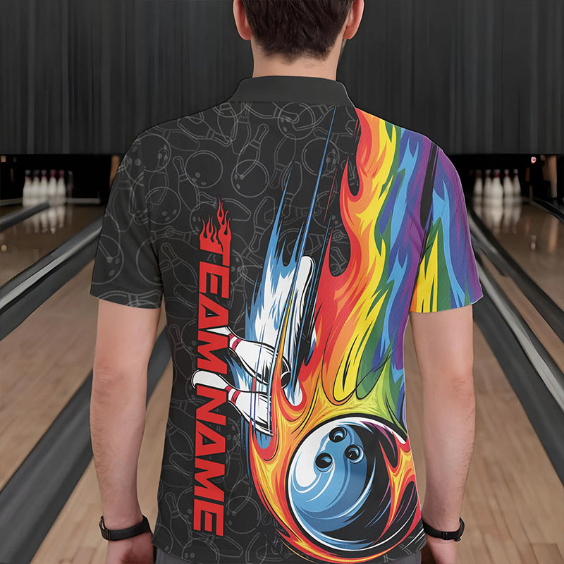 Custom Rainbow Flame Bowling Team Polo Shirts For Men, Colorful Bowling League Shirt IPHW8747