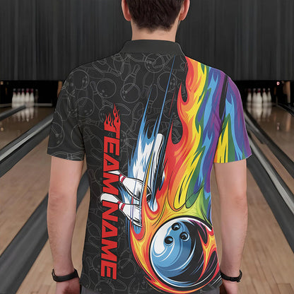 Custom Rainbow Flame Bowling Team Polo Shirts For Men, Colorful Bowling League Shirt IPHW8747