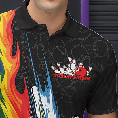Custom Rainbow Flame Bowling Team Polo Shirts For Men, Colorful Bowling League Shirt IPHW8747