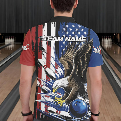 Custom American Flag Eagle Bowling Team Men Polo Shirts, Patriotic US Bowling League Shirt IPHW8753